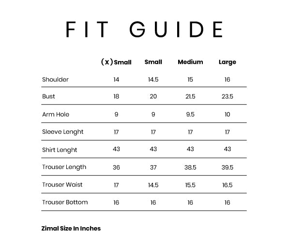 Zimal Size Chart